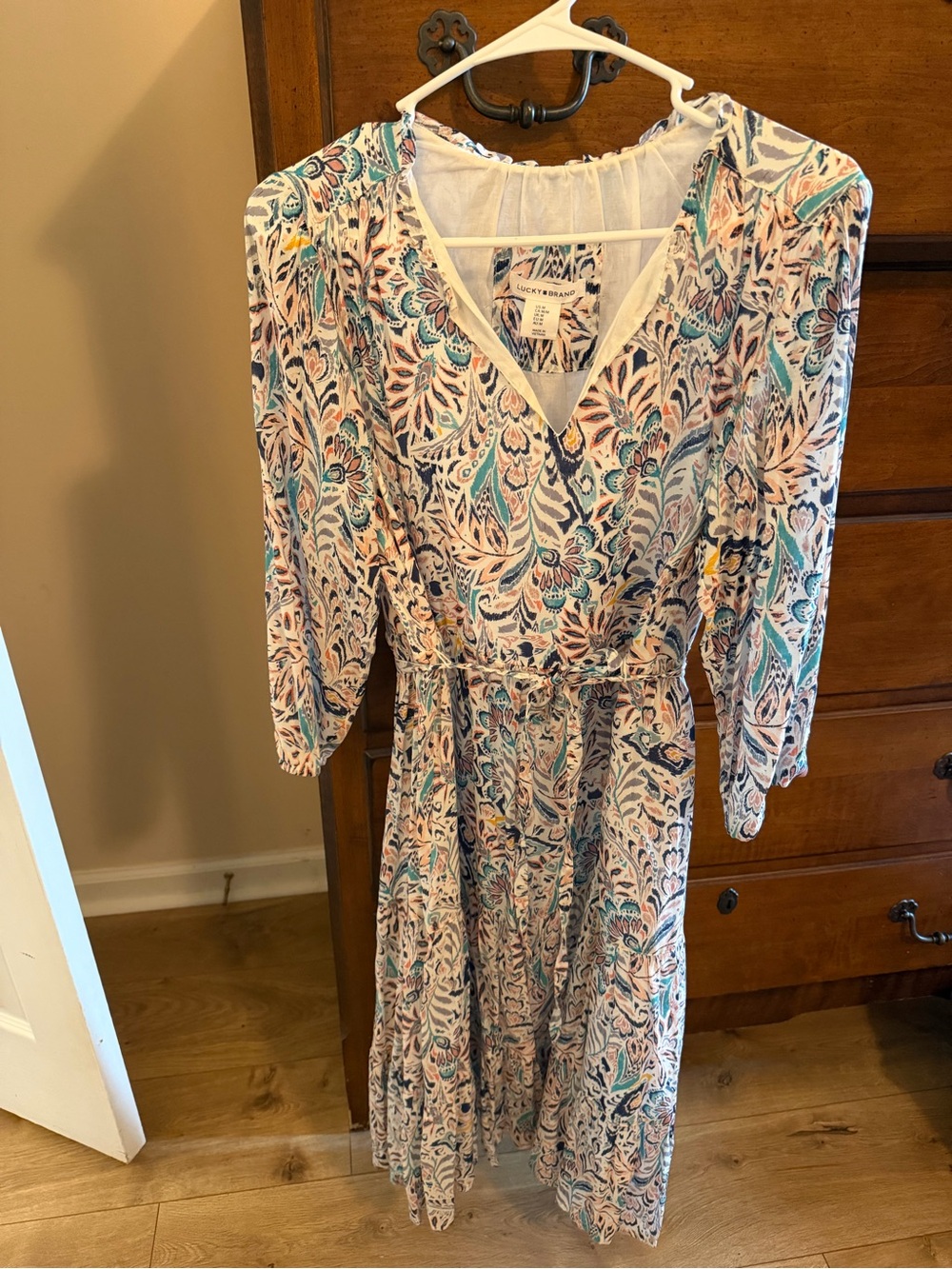 Lucky Brand Paisley V-Neck Midi Dress in Blue and Pink